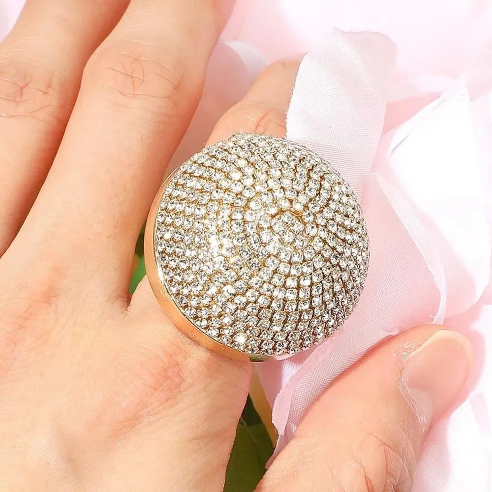 Gold Rhinestone Crystal Stretch Ring Sparkling Dome Fashion Cocktail Jewelry
